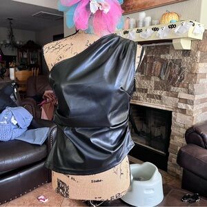 Black Faux Leather One-Shoulder Top